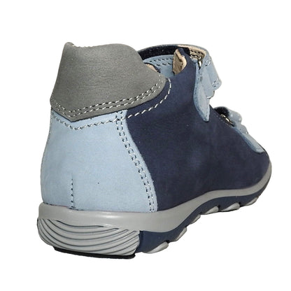 Szamos Kids Boys’ Genuine Leather Sandals – Ergonomic Supportive Sole, Stable Heel, Adjustable Hook & Loop Straps, Embroidered – Navy Blue/Silver with Farmer Tractor Design
