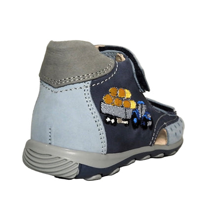 Szamos Kids Boys’ Genuine Leather Sandals – Ergonomic Supportive Sole, Stable Heel, Adjustable Hook & Loop Straps, Embroidered – Navy Blue/Silver with Farmer Tractor Design