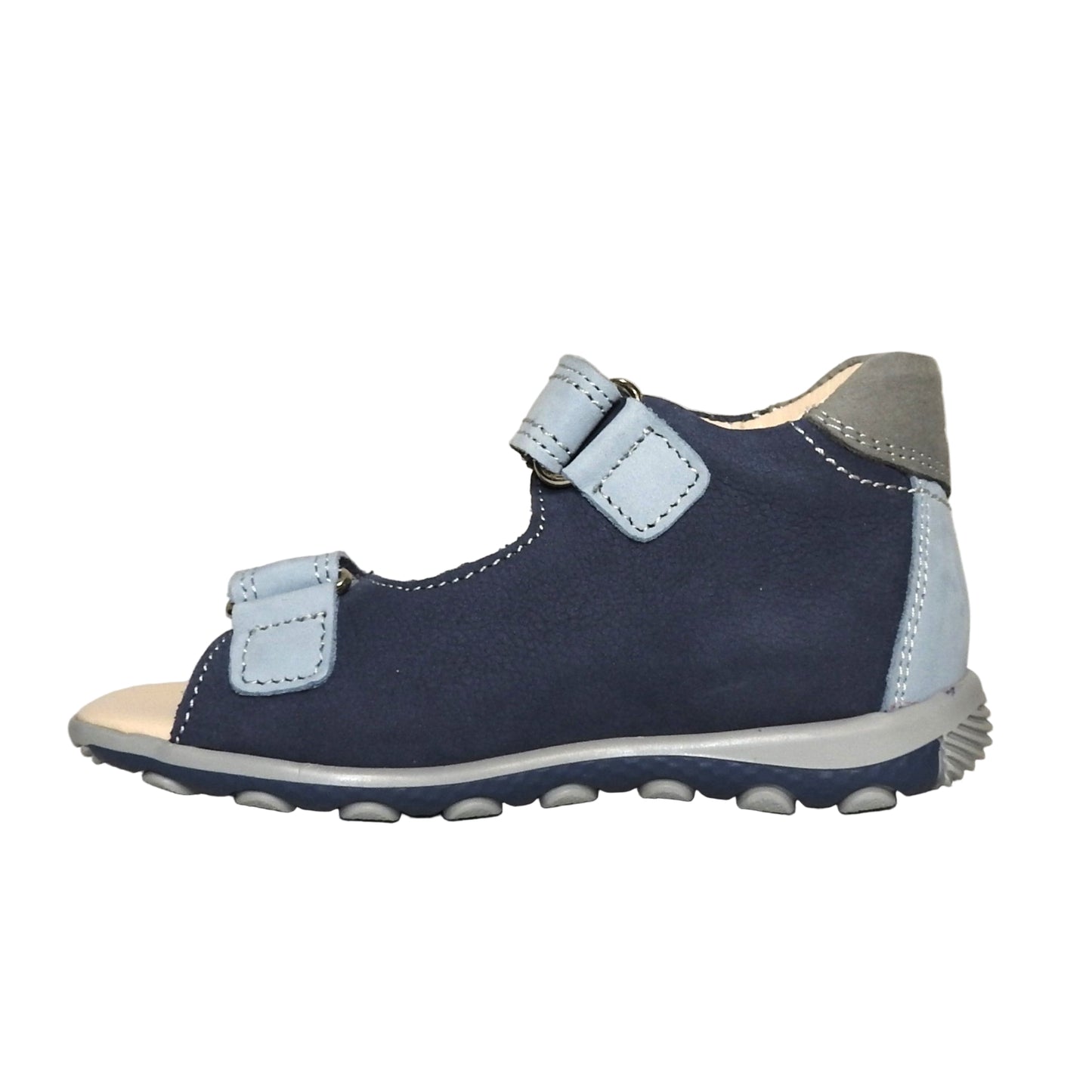 Szamos Kids Boys’ Genuine Leather Sandals – Ergonomic Supportive Sole, Stable Heel, Adjustable Hook & Loop Straps, Embroidered – Navy Blue/Silver with Farmer Tractor Design