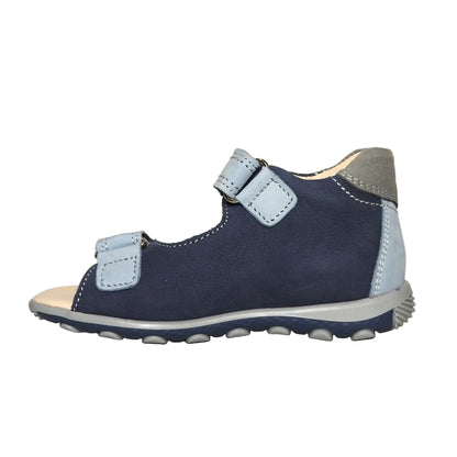 Szamos Kids Boys’ Genuine Leather Sandals – Ergonomic Supportive Sole, Stable Heel, Adjustable Hook & Loop Straps, Embroidered – Navy Blue/Silver with Farmer Tractor Design