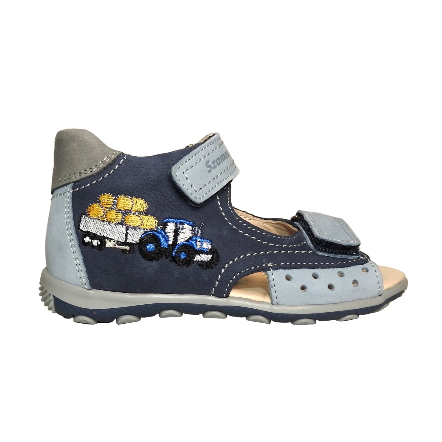 Szamos Kids Boys’ Genuine Leather Sandals – Ergonomic Supportive Sole, Stable Heel, Adjustable Hook & Loop Straps, Embroidered – Navy Blue/Silver with Farmer Tractor Design