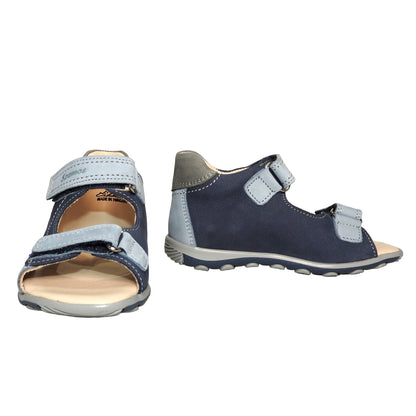 Szamos Kids Boys’ Genuine Leather Sandals – Ergonomic Supportive Sole, Stable Heel, Adjustable Hook & Loop Straps, Embroidered – Navy Blue/Silver with Farmer Tractor Design