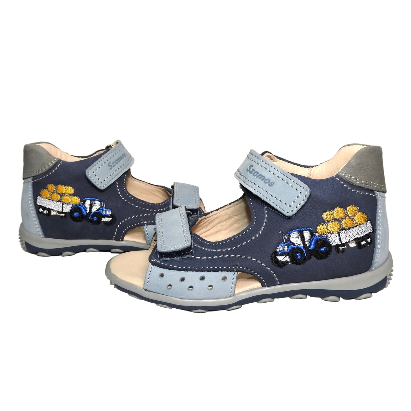 Szamos Kids Boys’ Genuine Leather Sandals – Ergonomic Supportive Sole, Stable Heel, Adjustable Hook & Loop Straps, Embroidered – Navy Blue/Silver with Farmer Tractor Design