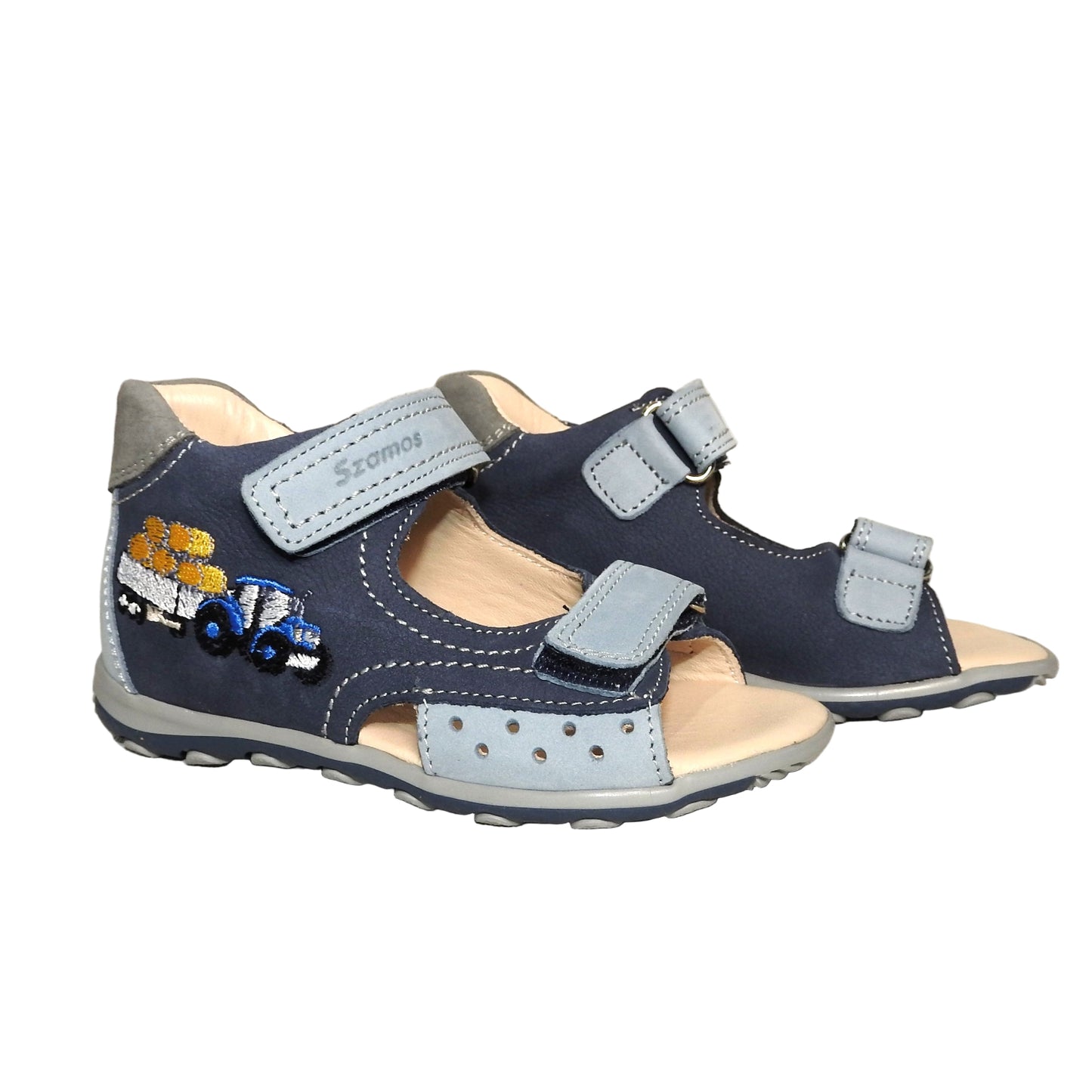 Szamos Kids Boys’ Genuine Leather Sandals – Ergonomic Supportive Sole, Stable Heel, Adjustable Hook & Loop Straps, Embroidered – Navy Blue/Silver with Farmer Tractor Design