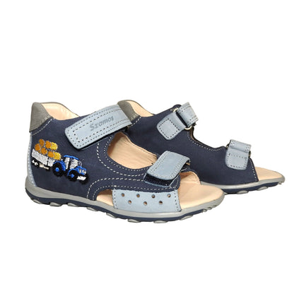 Szamos Kids Boys’ Genuine Leather Sandals – Ergonomic Supportive Sole, Stable Heel, Adjustable Hook & Loop Straps, Embroidered – Navy Blue/Silver with Farmer Tractor Design