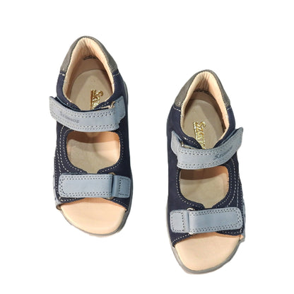 Szamos Kids Boys’ Genuine Leather Sandals – Ergonomic Supportive Sole, Stable Heel, Adjustable Hook & Loop Straps, Embroidered – Navy Blue/Silver with Farmer Tractor Design
