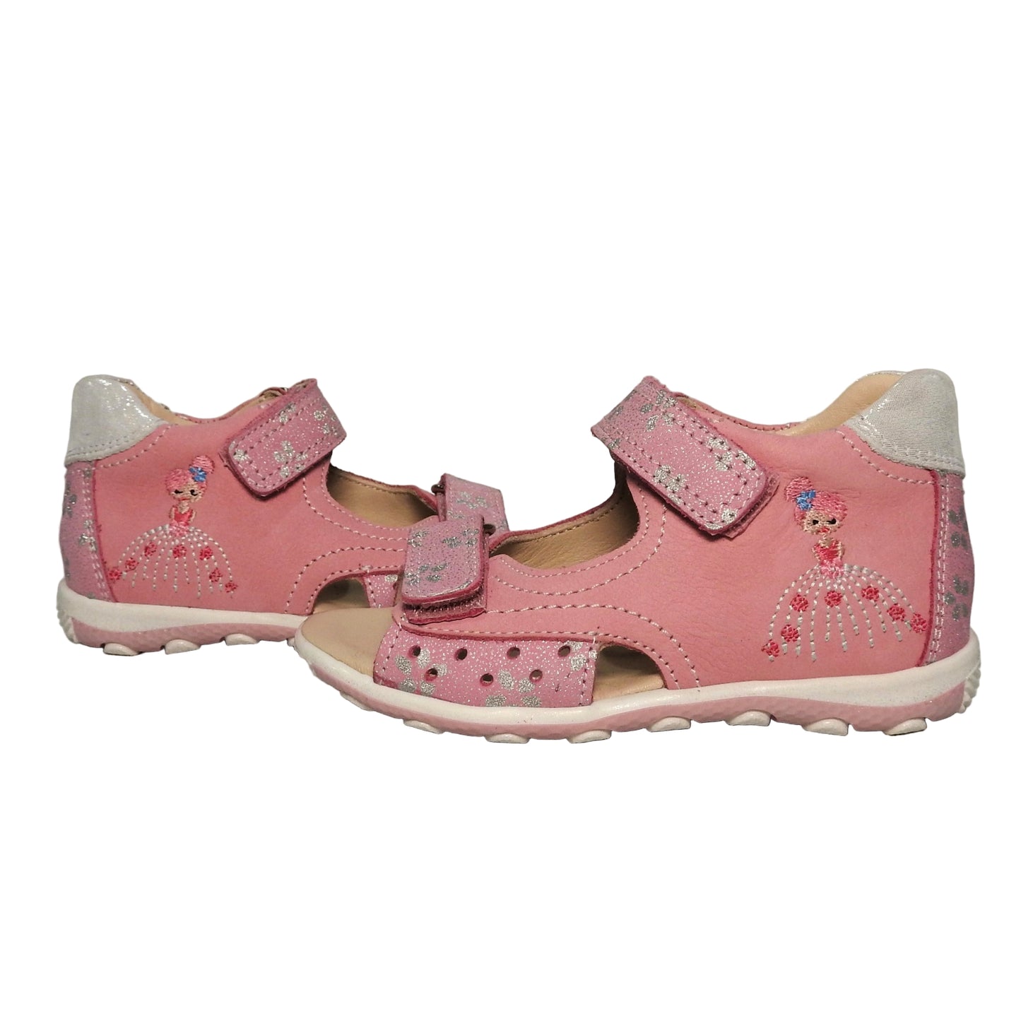 Szamos Kids Girls’ Genuine Leather Sandals – Ergonomic Supportive Sole, Stable Heel, Adjustable Hook & Loop Straps, Embroidered – Pink/Silver with ballerina Design