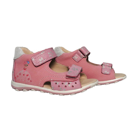 Szamos Kids Girls’ Genuine Leather Sandals – Ergonomic Supportive Sole, Stable Heel, Adjustable Hook & Loop Straps, Embroidered – Pink/Silver with ballerina Design