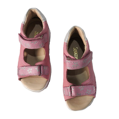 Szamos Kids Girls’ Genuine Leather Sandals – Ergonomic Supportive Sole, Stable Heel, Adjustable Hook & Loop Straps, Embroidered – Pink/Silver with ballerina Design