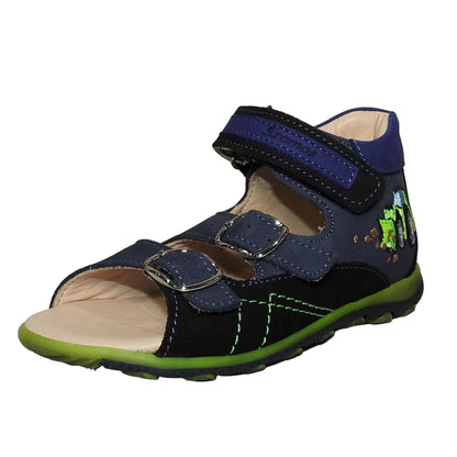 Szamos Kids Boys’ Genuine Leather Sandals – Ergonomic Supportive Sole, Stable Heel, Adjustable Hook & Loop Straps, Embroidered – Navy Blue/Green with Farmer Tractor Design