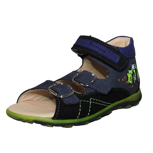 Szamos Kids Boys’ Genuine Leather Sandals – Ergonomic Supportive Sole, Stable Heel, Adjustable Hook & Loop Straps, Embroidered – Navy Blue/Green with Farmer Tractor Design