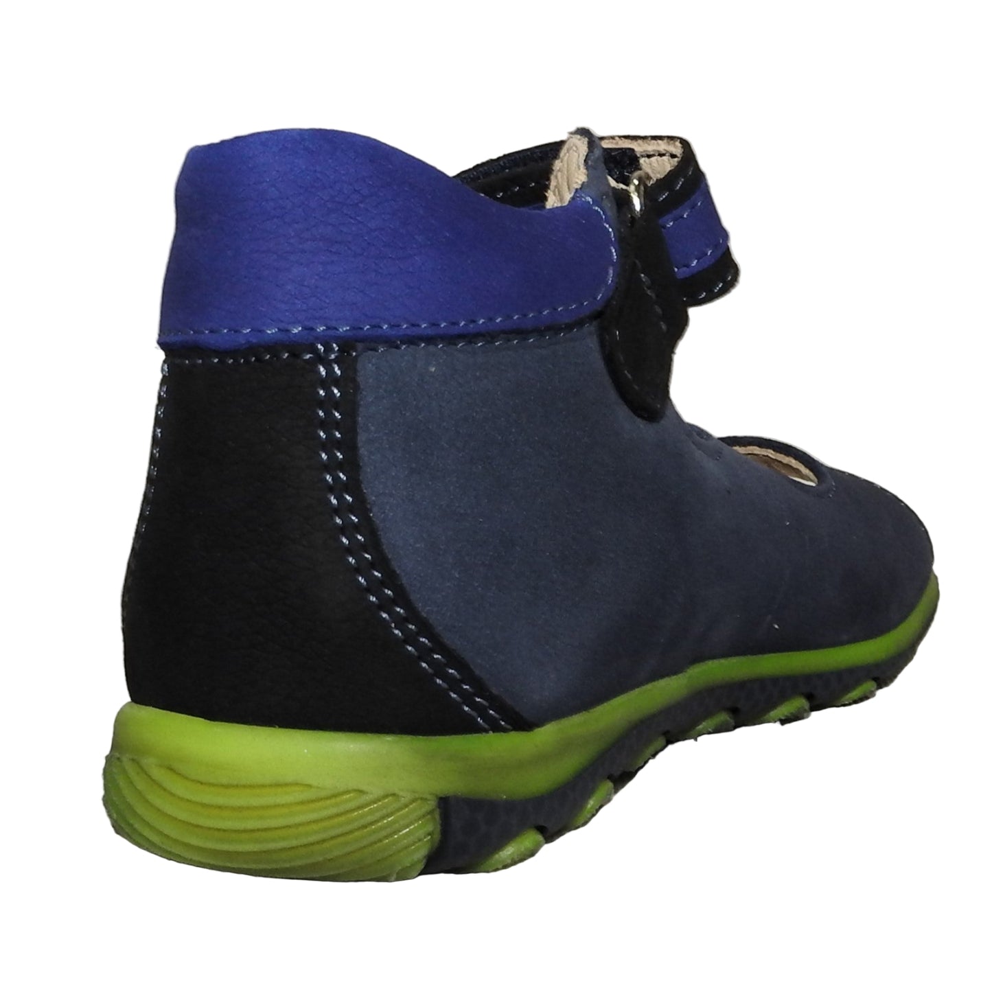 Szamos Kids Boys’ Genuine Leather Sandals – Ergonomic Supportive Sole, Stable Heel, Adjustable Hook & Loop Straps, Embroidered – Navy Blue/Green with Farmer Tractor Design