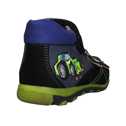 Szamos Kids Boys’ Genuine Leather Sandals – Ergonomic Supportive Sole, Stable Heel, Adjustable Hook & Loop Straps, Embroidered – Navy Blue/Green with Farmer Tractor Design