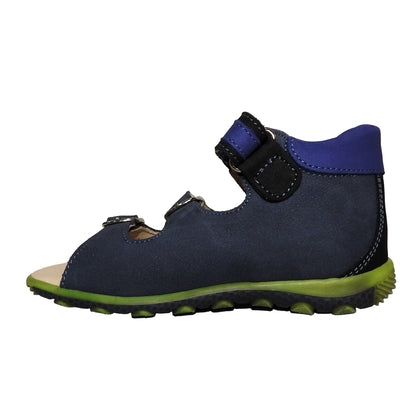 Szamos Kids Boys’ Genuine Leather Sandals – Ergonomic Supportive Sole, Stable Heel, Adjustable Hook & Loop Straps, Embroidered – Navy Blue/Green with Farmer Tractor Design