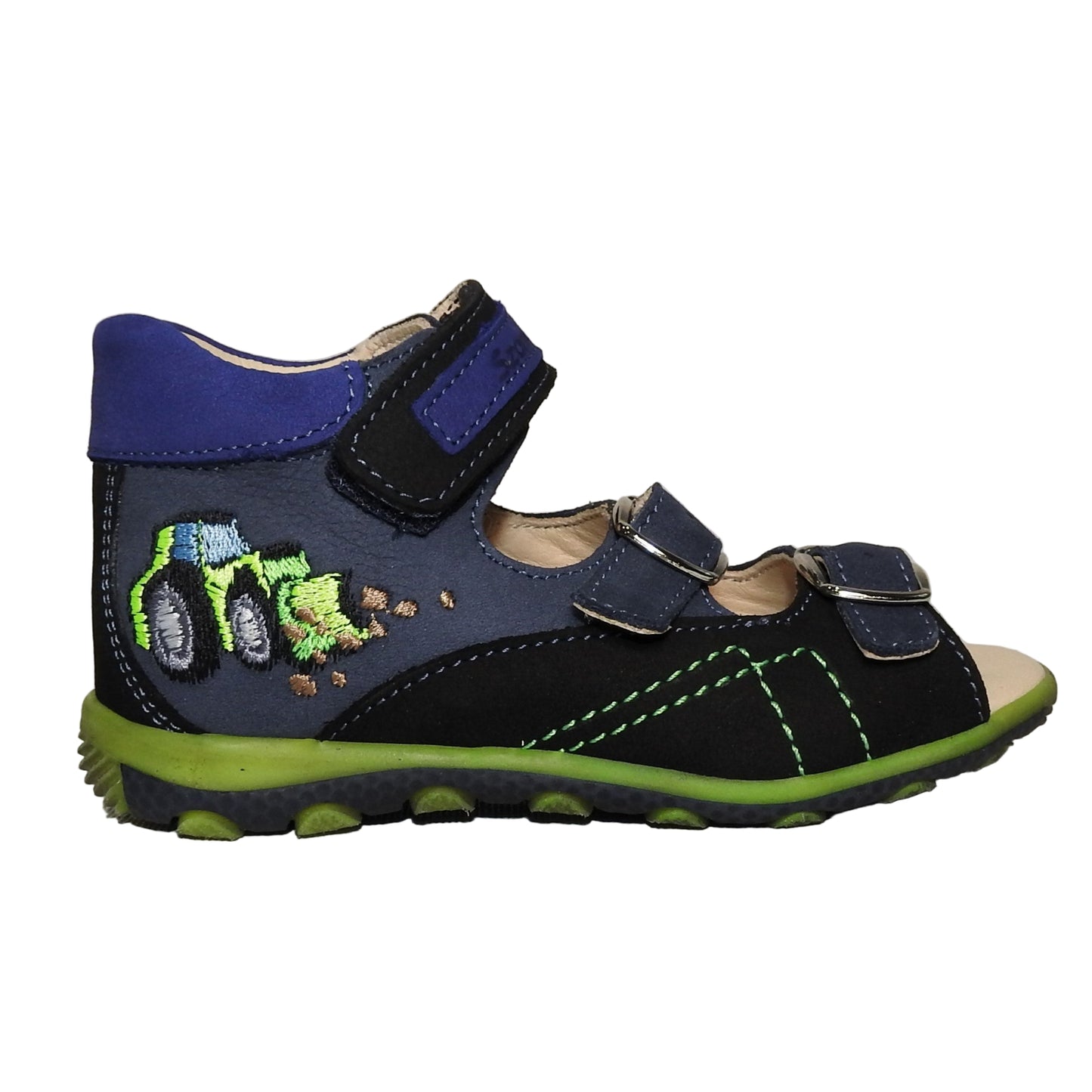 Szamos Kids Boys’ Genuine Leather Sandals – Ergonomic Supportive Sole, Stable Heel, Adjustable Hook & Loop Straps, Embroidered – Navy Blue/Green with Farmer Tractor Design