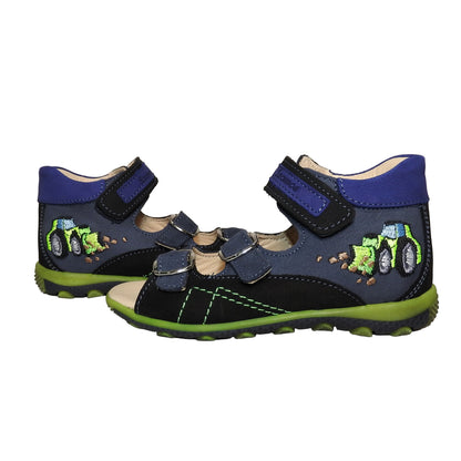 Szamos Kids Boys’ Genuine Leather Sandals – Ergonomic Supportive Sole, Stable Heel, Adjustable Hook & Loop Straps, Embroidered – Navy Blue/Green with Farmer Tractor Design