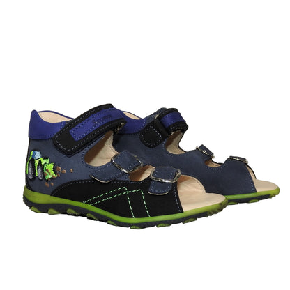 Szamos Kids Boys’ Genuine Leather Sandals – Ergonomic Supportive Sole, Stable Heel, Adjustable Hook & Loop Straps, Embroidered – Navy Blue/Green with Farmer Tractor Design
