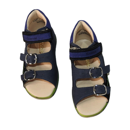 Szamos Kids Boys’ Genuine Leather Sandals – Ergonomic Supportive Sole, Stable Heel, Adjustable Hook & Loop Straps, Embroidered – Navy Blue/Green with Farmer Tractor Design