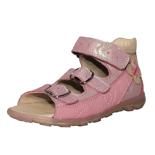 Szamos Kids Girls’ Genuine Leather Sandals – Ergonomic Supportive Sole, Stable Heel, Flexible Forefoot, Adjustable Hook & Loop Straps, Embroidered – Pink/Silver with Butterfly Design