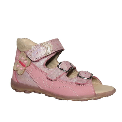 Szamos Kids Girls’ Genuine Leather Sandals – Ergonomic Supportive Sole, Stable Heel, Flexible Forefoot, Adjustable Hook & Loop Straps, Embroidered – Pink/Silver with Butterfly Design