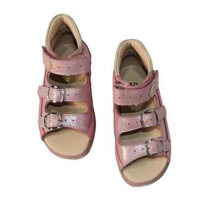 Szamos Kids Girls’ Genuine Leather Sandals – Ergonomic Supportive Sole, Stable Heel, Flexible Forefoot, Adjustable Hook & Loop Straps, Embroidered – Pink/Silver with Butterfly Design