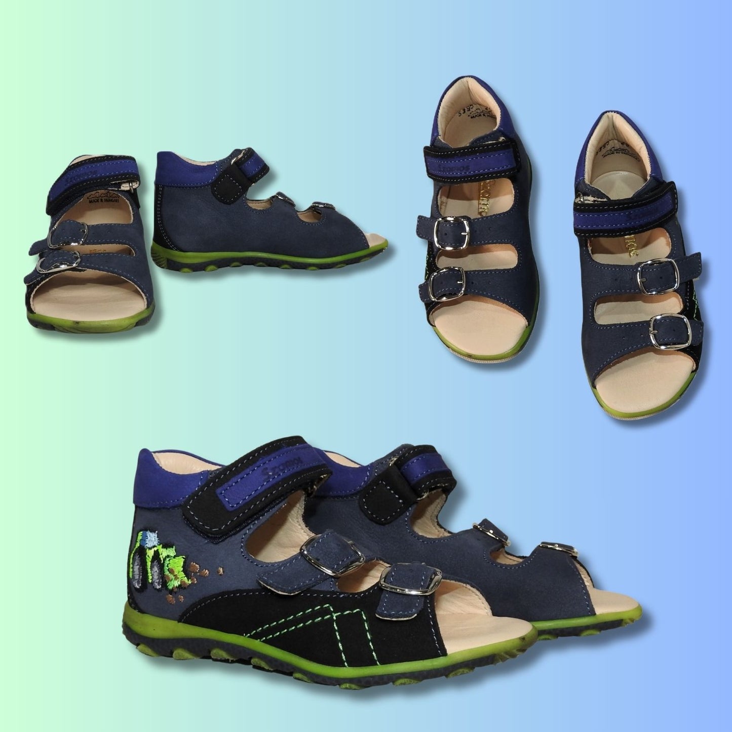 Szamos Kids Boys’ Genuine Leather Sandals – Ergonomic Supportive Sole, Stable Heel, Adjustable Hook & Loop Straps, Embroidered – Navy Blue/Green with Farmer Tractor Design