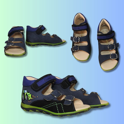 Szamos Kids Boys’ Genuine Leather Sandals – Ergonomic Supportive Sole, Stable Heel, Adjustable Hook & Loop Straps, Embroidered – Navy Blue/Green with Farmer Tractor Design