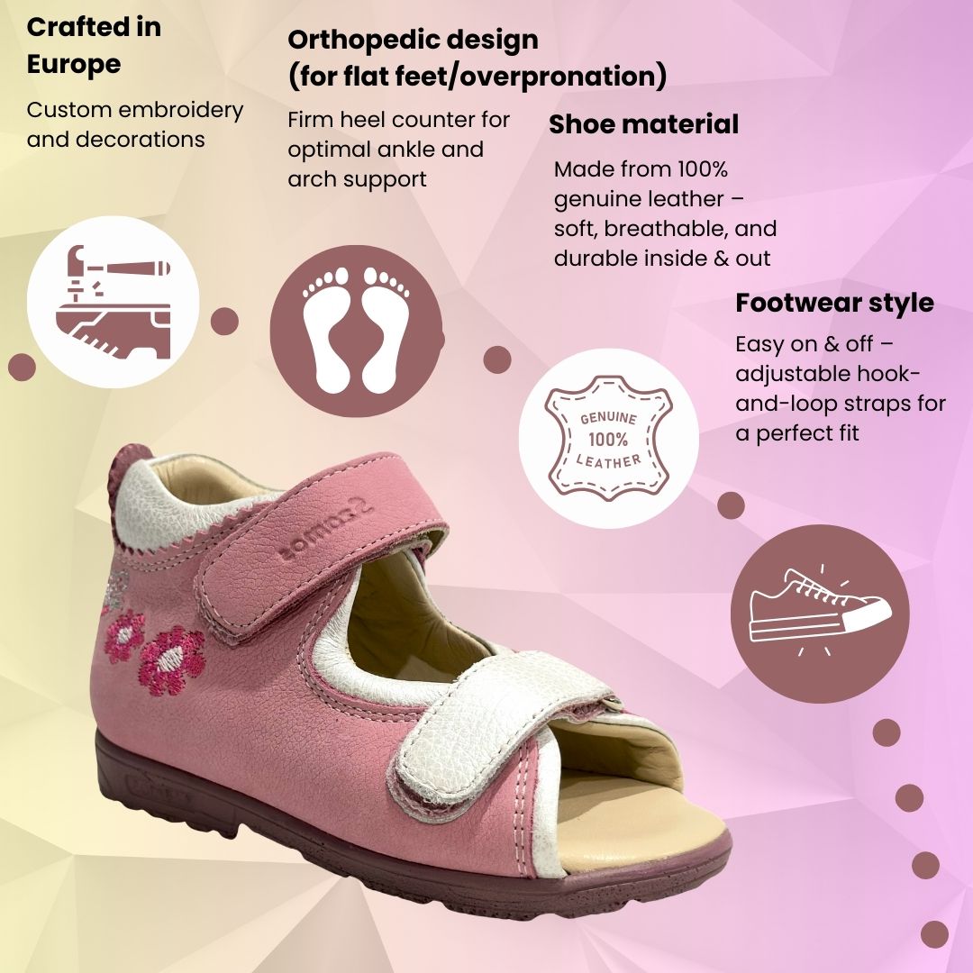 Szamos Kids Girls’ Genuine Leather Orthopedic Corrective Sandals – Arch Support Shoes for Flat Feet & Overpronation with Adjustable Hook-and-Loop Straps, Pink/White with Flowers & Butterfly Design