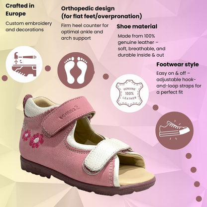 Szamos Kids Girls’ Genuine Leather Orthopedic Corrective Sandals – Arch Support Shoes for Flat Feet & Overpronation with Adjustable Hook-and-Loop Straps, Pink/White with Flowers & Butterfly Design