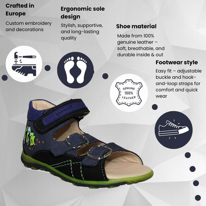 Szamos Kids Boys’ Genuine Leather Sandals – Ergonomic Supportive Sole, Stable Heel, Adjustable Hook & Loop Straps, Embroidered – Navy Blue/Green with Farmer Tractor Design