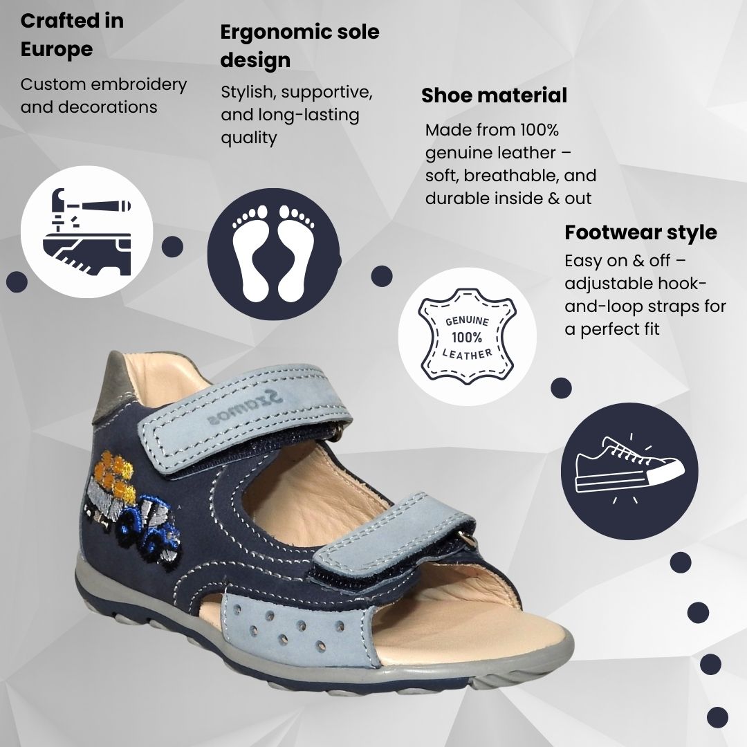 Szamos Kids Boys’ Genuine Leather Sandals – Ergonomic Supportive Sole, Stable Heel, Adjustable Hook & Loop Straps, Embroidered – Navy Blue/Silver with Farmer Tractor Design