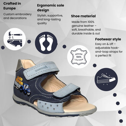 Szamos Kids Boys’ Genuine Leather Sandals – Ergonomic Supportive Sole, Stable Heel, Adjustable Hook & Loop Straps, Embroidered – Navy Blue/Silver with Farmer Tractor Design