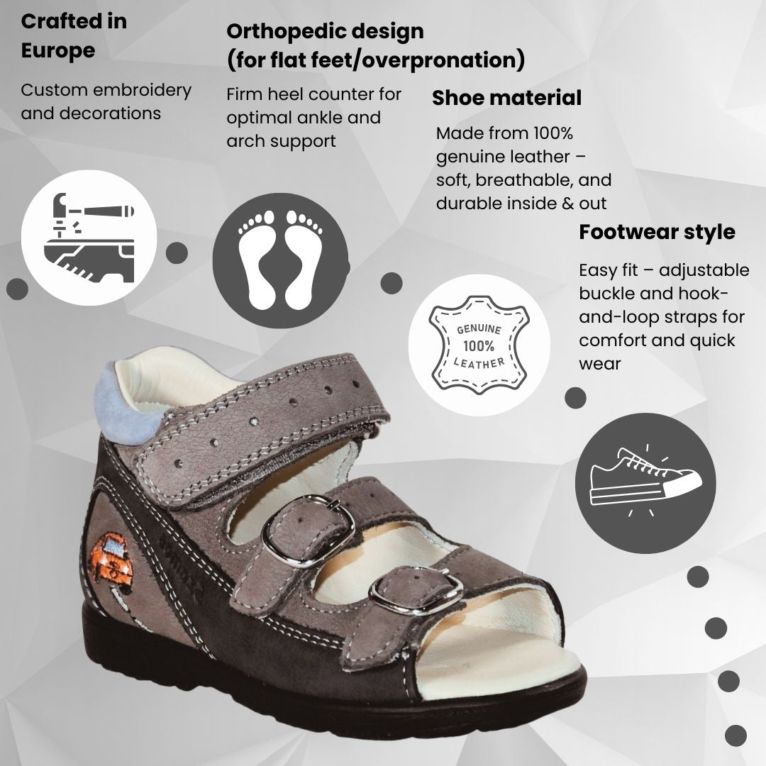 Szamos Kids Boys’ Genuine Leather Orthopedic Corrective Sandals – Arch Support Shoes, Ankle Support, for Flat Feet & Overpronation with Adjustable Hook & Loop Straps, Navy/Light Blue/Gray with Red Racing Car Design
