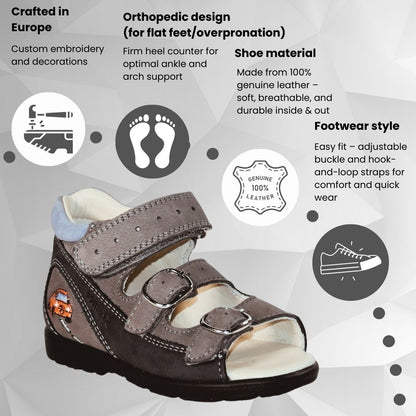 Szamos Kids Boys’ Genuine Leather Orthopedic Corrective Sandals – Arch Support Shoes, Ankle Support, for Flat Feet & Overpronation with Adjustable Hook & Loop Straps, Navy/Light Blue/Gray with Red Racing Car Design