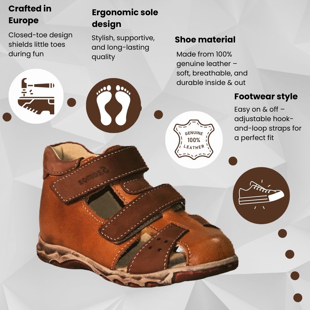 Szamos Kids Boys' Genuine Leather Closed-Toe Sandals – Dark Brown with Ergonomic Sole and Easy Hook-and-Loop Closure