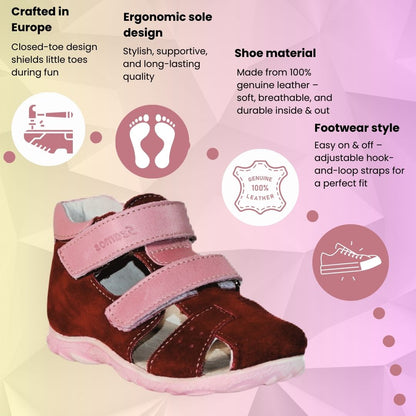Szamos Kids Boys' Genuine Leather Closed-Toe Sandals – Burgundy and Pink with Ergonomic Supportive Sole and Easy Hook-and-Loop Closure