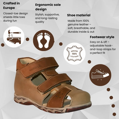 Szamos Kids Boys' Genuine Leather Closed-Toe Sandals – Light Brown with Ergonomic Sole and Easy Hook-and-Loop Closure