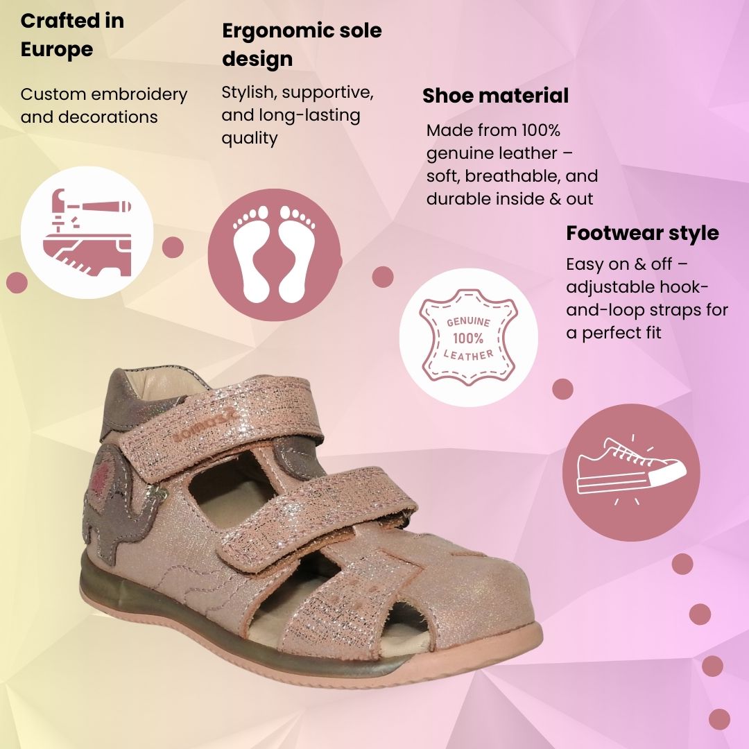 Szamos Kids Girls' Closed-Toe Sandals – Genuine Leather, Ergonomic Sole, Adjustable Hook & Loop Straps, Pink/Silver with Elephant Design