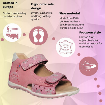 Szamos Kids Girls’ Genuine Leather Sandals – Ergonomic Supportive Sole, Stable Heel, Adjustable Hook & Loop Straps, Embroidered – Pink/Silver with ballerina Design