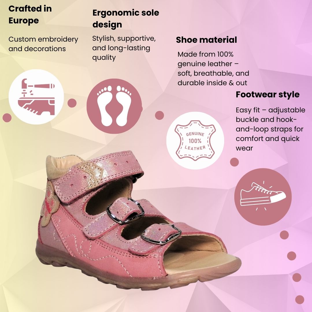 Szamos Kids Girls’ Genuine Leather Sandals – Ergonomic Supportive Sole, Stable Heel, Flexible Forefoot, Adjustable Hook & Loop Straps, Embroidered – Pink/Silver with Butterfly Design