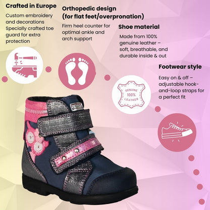 Szamos Kids Girls’ Genuine Leather Orthopedic Boots – Arch Support Shoes for Flat Feet & Overpronation, with Ankle Support, Faux Fur Lining, Adjustable Straps, Navy Blue/Pink/Gray Glitter Owl Design