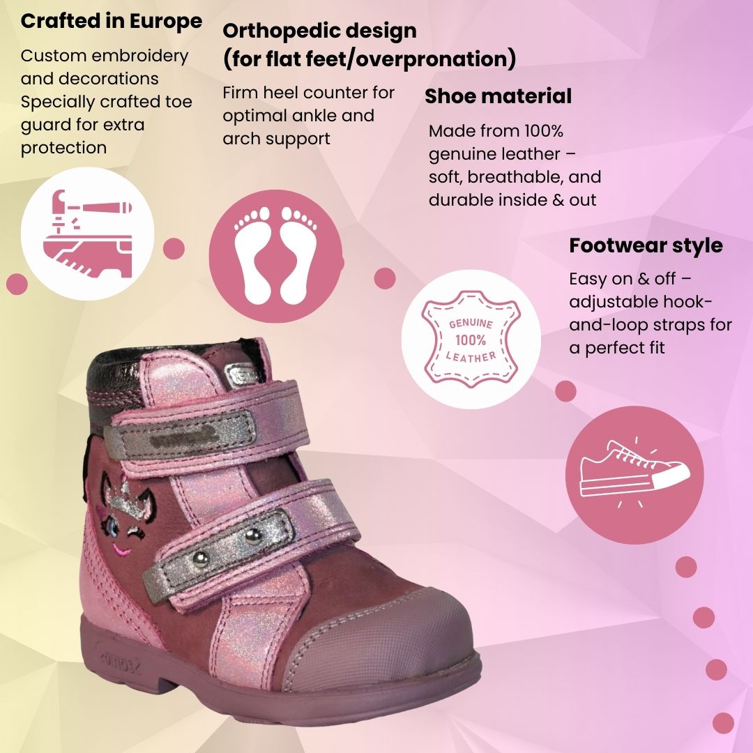 Szamos Kids Girls’ Genuine Leather Orthopedic Boots – Arch Support Shoes with Corrective Support for Flat Feet & Overpronation, Stable Ankle Support, Adjustable Straps, Pink Glitter Unicorn Design