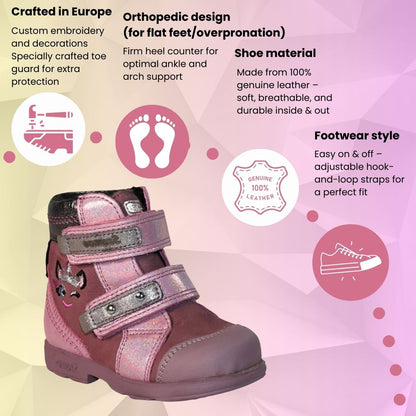 Szamos Kids Girls’ Genuine Leather Orthopedic Boots – Arch Support Shoes with Corrective Support for Flat Feet & Overpronation, Stable Ankle Support, Adjustable Straps, Pink Glitter Unicorn Design