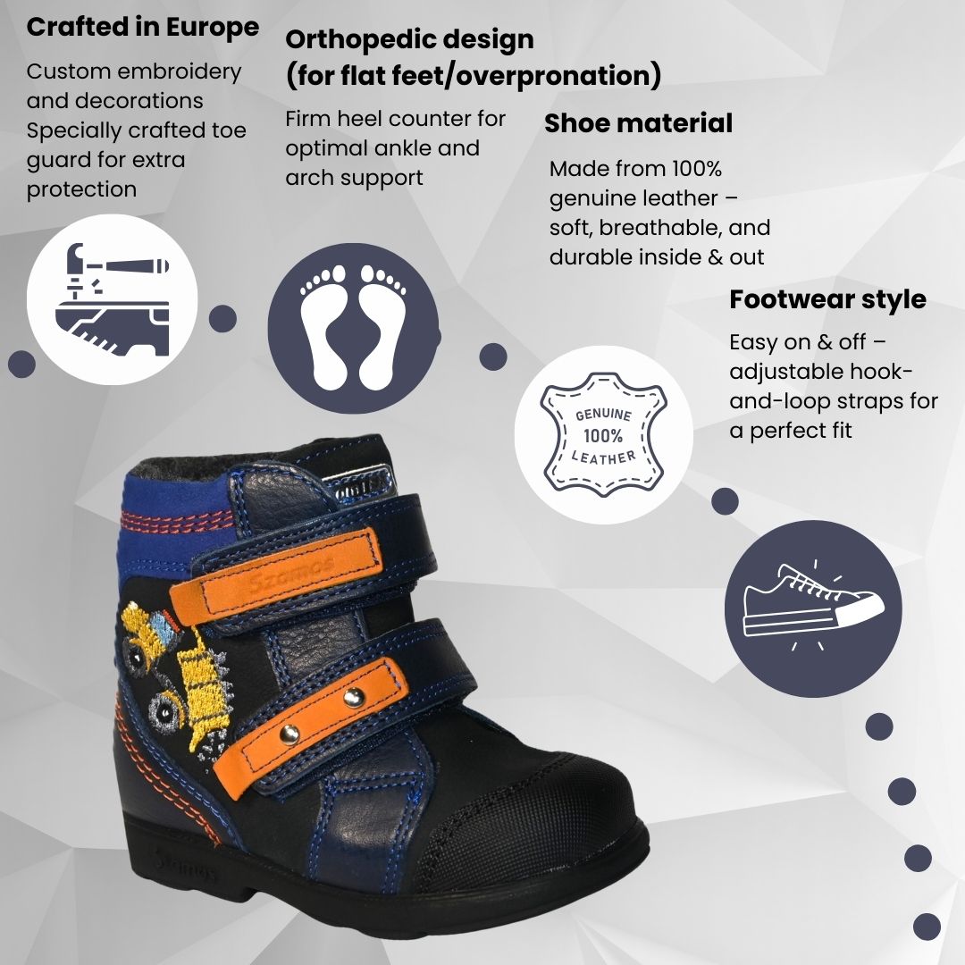 Szamos Kids Boys’ Genuine Leather Orthopedic Boots – Arch Support Shoes for Flat Feet & Overpronation, with Ankle Support, Adjustable Straps, Navy Blue/Orange with Yellow Dump Truck