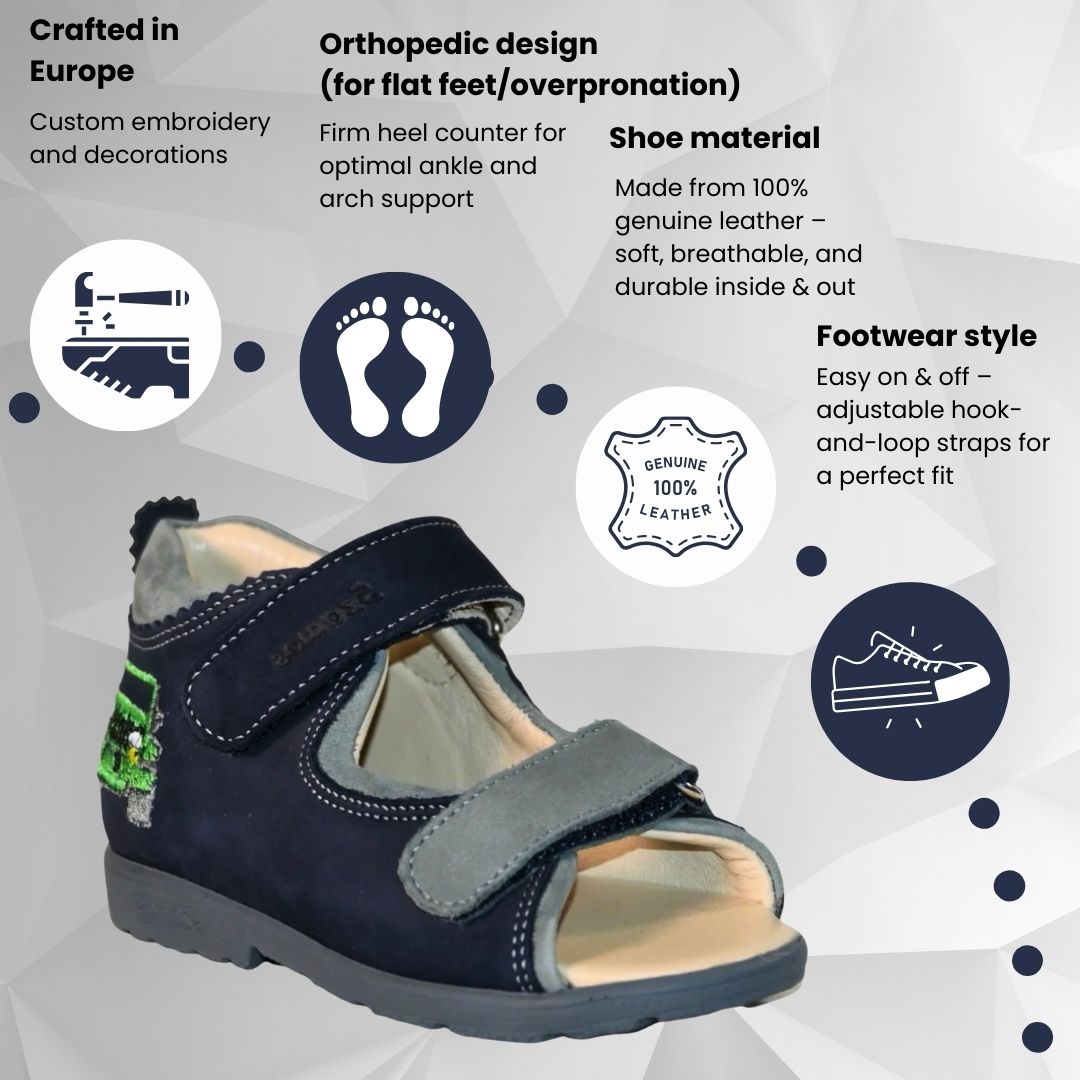 Szamos Kids Boys' Leather Orthopedic Corrective Sandals – Arch Support Shoes for Flat Feet & Overpronation with Adjustable Hook-and-Loop Straps, Navy blue with green off-road car design.