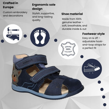 Szamos Kids Boys' Closed-Toe Sandals – Genuine Leather, Ergonomic Sole, Adjustable Hook & Loop Straps, Navy/Light Blue with Puppy Design