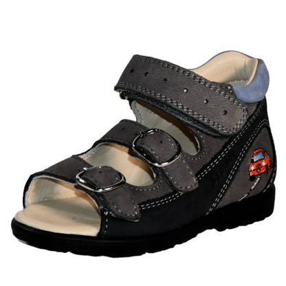 Szamos Kids Boys’ Genuine Leather Orthopedic Corrective Sandals – Arch Support Shoes, Ankle Support, for Flat Feet & Overpronation with Adjustable Hook & Loop Straps, Navy/Light Blue/Gray with Red Racing Car Design