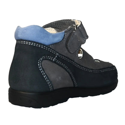 Szamos Kids Boys’ Genuine Leather Orthopedic Corrective Sandals – Arch Support Shoes, Ankle Support, for Flat Feet & Overpronation with Adjustable Hook & Loop Straps, Navy/Light Blue/Gray with Red Racing Car Design