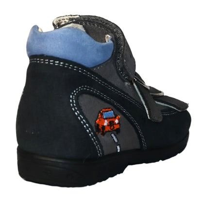 Szamos Kids Boys’ Genuine Leather Orthopedic Corrective Sandals – Arch Support Shoes, Ankle Support, for Flat Feet & Overpronation with Adjustable Hook & Loop Straps, Navy/Light Blue/Gray with Red Racing Car Design