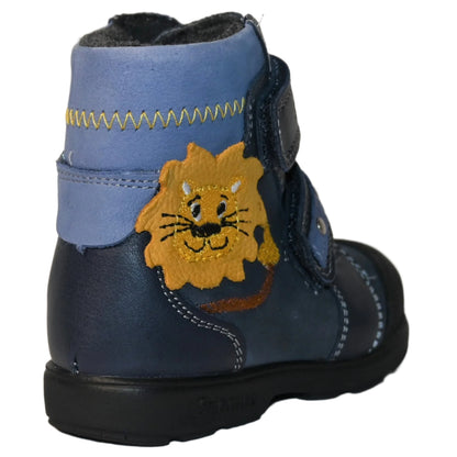Szamos Kids Boys’ Genuine Leather Orthopedic Boots – Arch Support Shoes with Corrective Support for Flat Feet & Overpronation, Stable Ankle Support, Faux Fur Lining, Adjustable Straps, Navy Blue with Lion Designs
